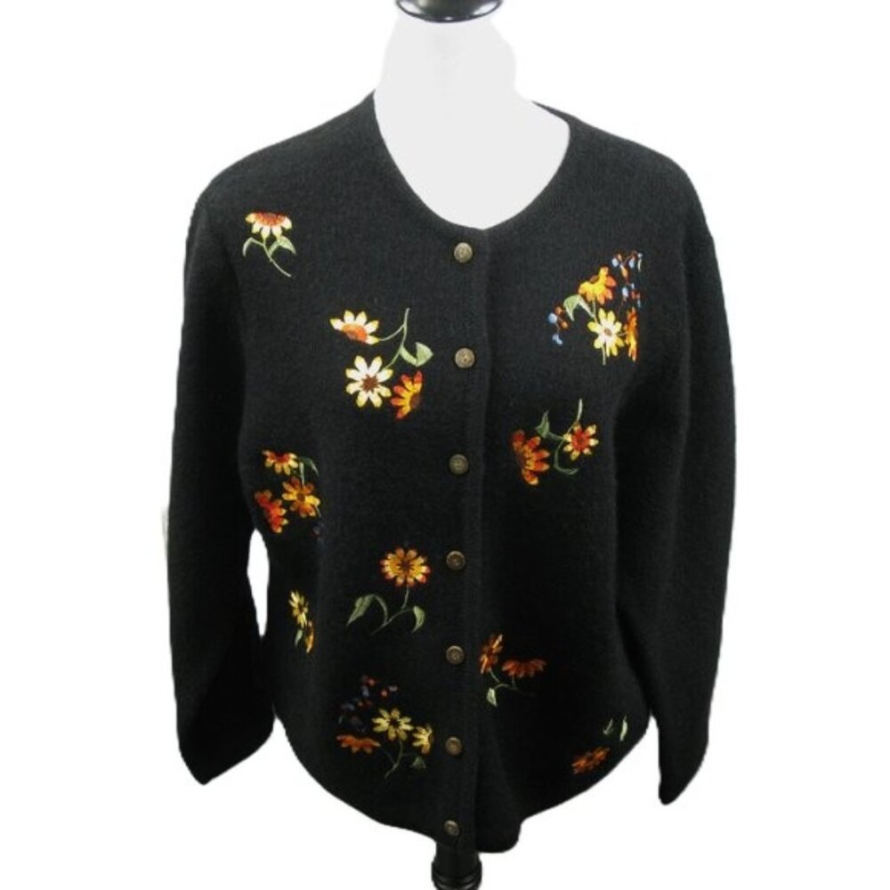 Susan Bristol Black Floral Embroidered 100% Wool Button Front Cardigan Size XL